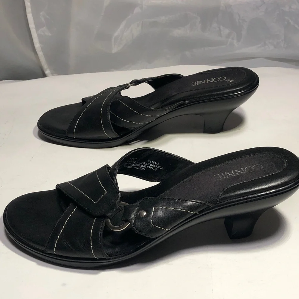 Connie Women's Wiggle Black Heeled Leather Mules, Size 9 1/2” M - Picture 8 of 16